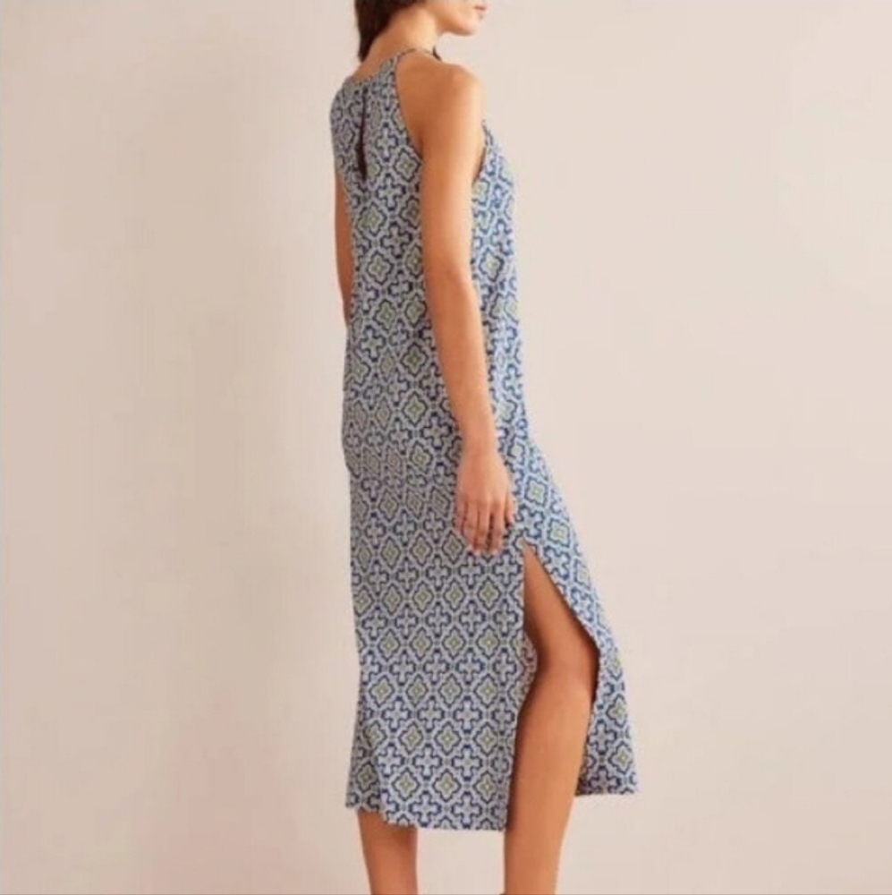 Boden Racer Neck Sundress Size 12L Blue White Heron Flora Tile Print Side Slit - Picture 2 of 12